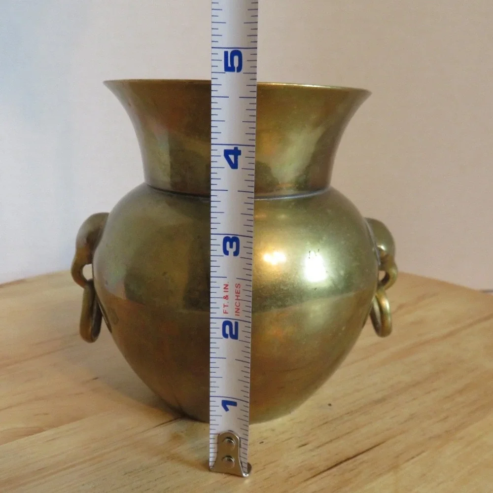 Vintage Solid Brass Vase Planter Elephant‎ Head Ring Handles Aged Patina 4.75in